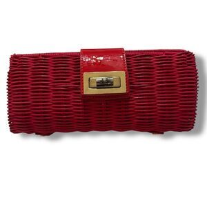J.Crew Red Straw Clutch Patent Flap Gold Turnlock Coastal Resort Summer Bag